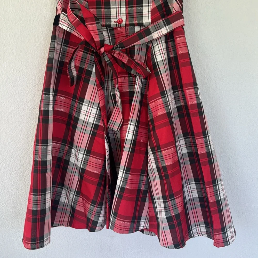 Jona Michelle red black plaid bow belt sleeveless Christmas holiday dress size 8